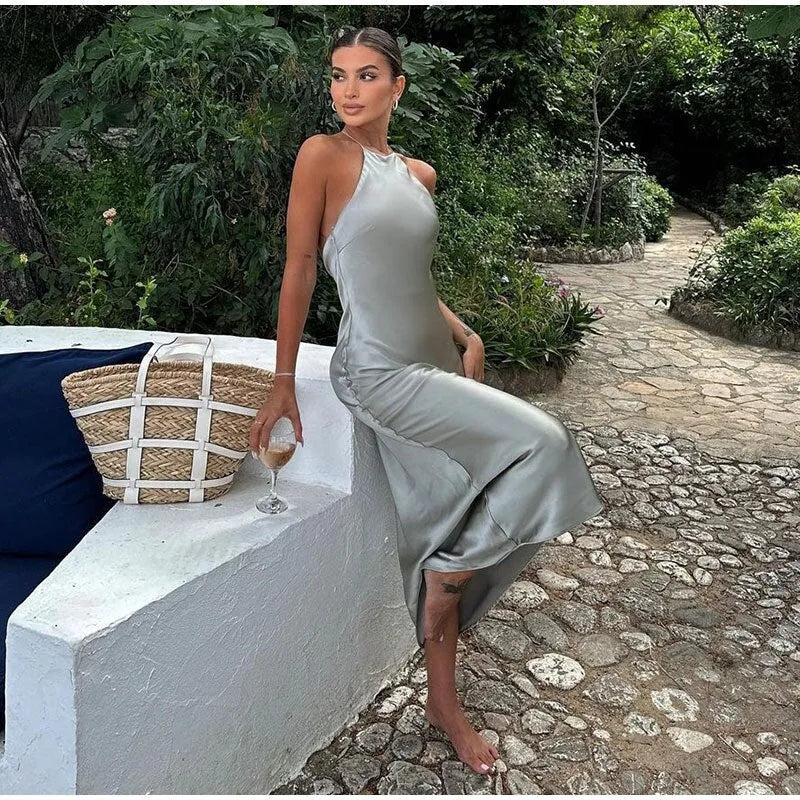 Satin Maxi Dress Silver Halter Open Back - Silver