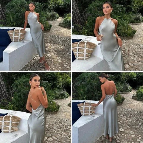 Satin Maxi Dress Silver Halter Open Back - Silver