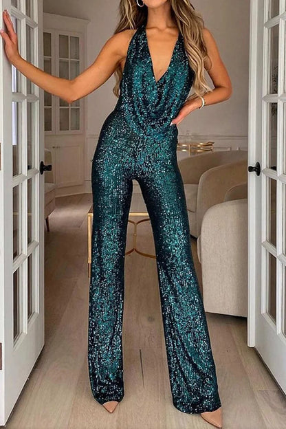 Sequin Jumpsuit Black Wide-Leg Halter - Green
