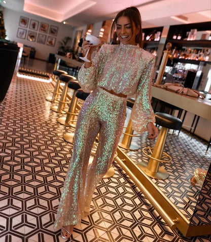 Sequin Pant Set Beige Long Sleeve - Beige