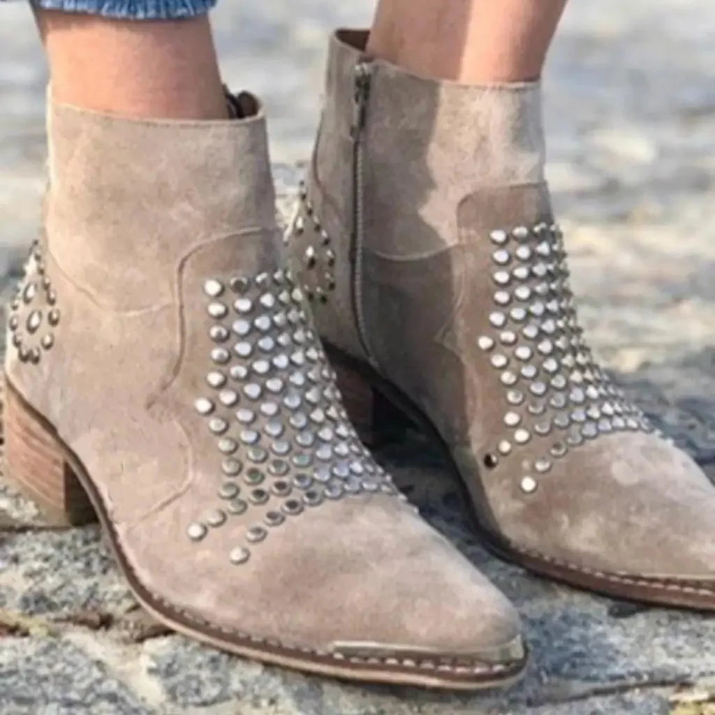 Studded Ankle Boots Taupe Suede-Look - Taupe
