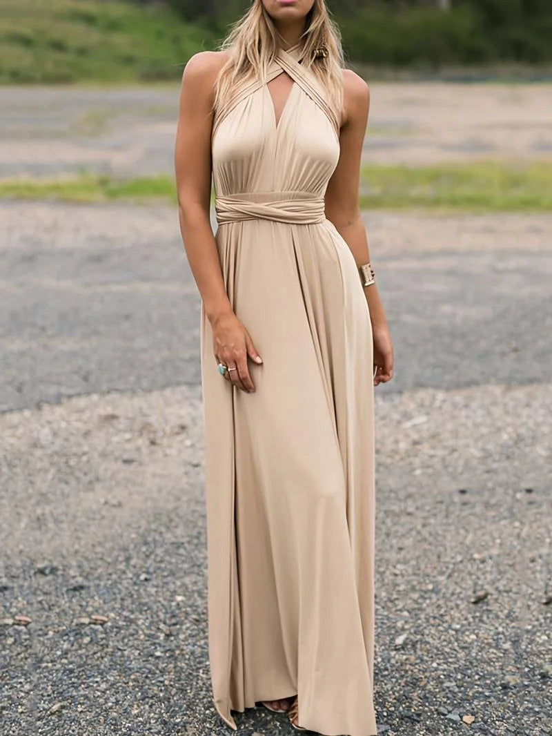 Wedding Guest Dress Black Backless Halter - Beige