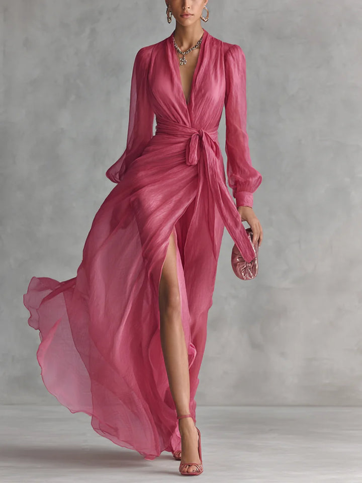 Wedding Guest Dress Pink Chiffon Tie-Waist - Pink