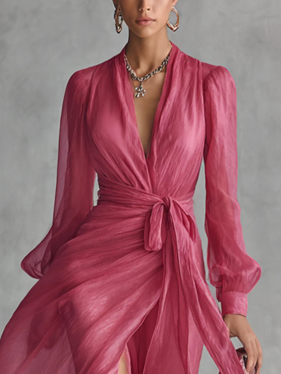 Wedding Guest Dress Pink Chiffon Tie-Waist - Pink