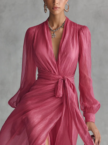Wedding Guest Dress Pink Chiffon Tie-Waist - Pink