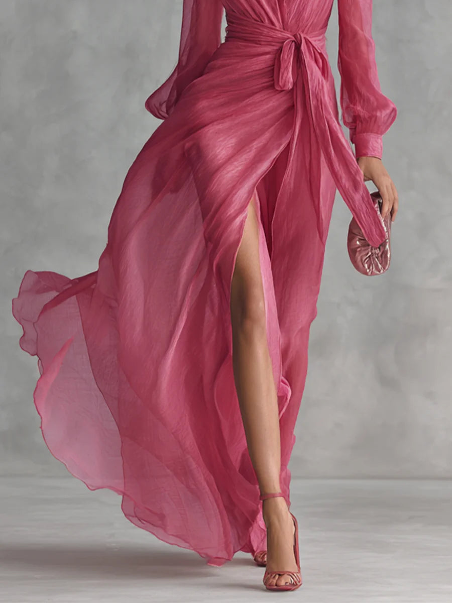 Wedding Guest Dress Pink Chiffon Tie-Waist - Pink
