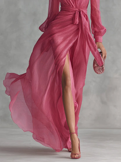 Wedding Guest Dress Pink Chiffon Tie-Waist - Pink