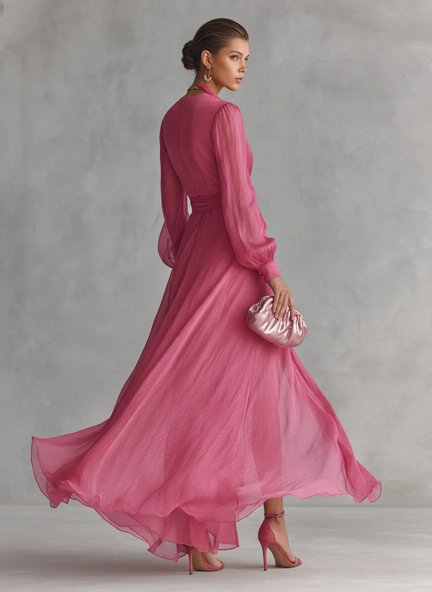 Wedding Guest Dress Pink Chiffon Tie-Waist - Pink