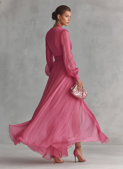Wedding Guest Dress Pink Chiffon Tie-Waist - Pink