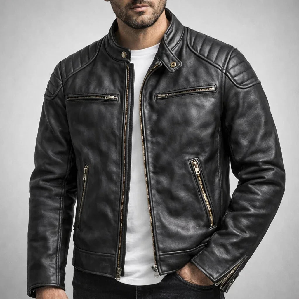 Men’s Biker Jacket Quilted Panels — Black