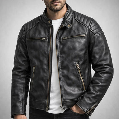 Men’s Biker Jacket Quilted Panels — Black