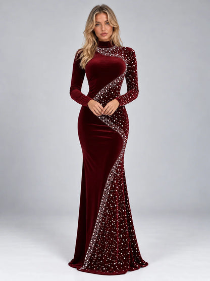 Velvet-Look Maxi Dress Rhinestone Detail — Burgundy