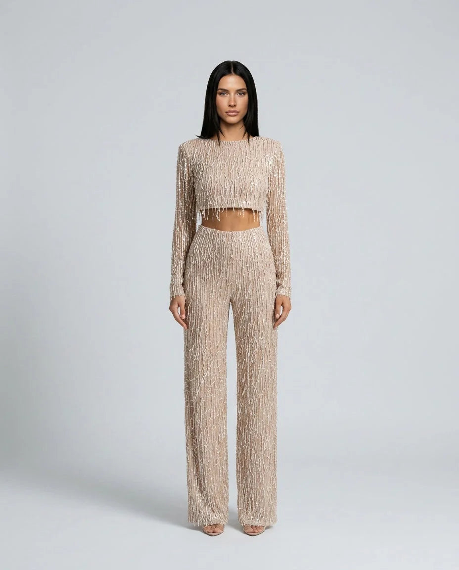 Sequin Pant Set Crop Top — Beige