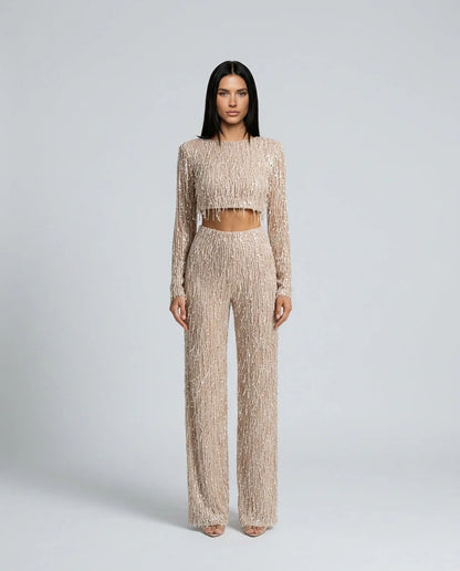 Sequin Pant Set Crop Top — Beige