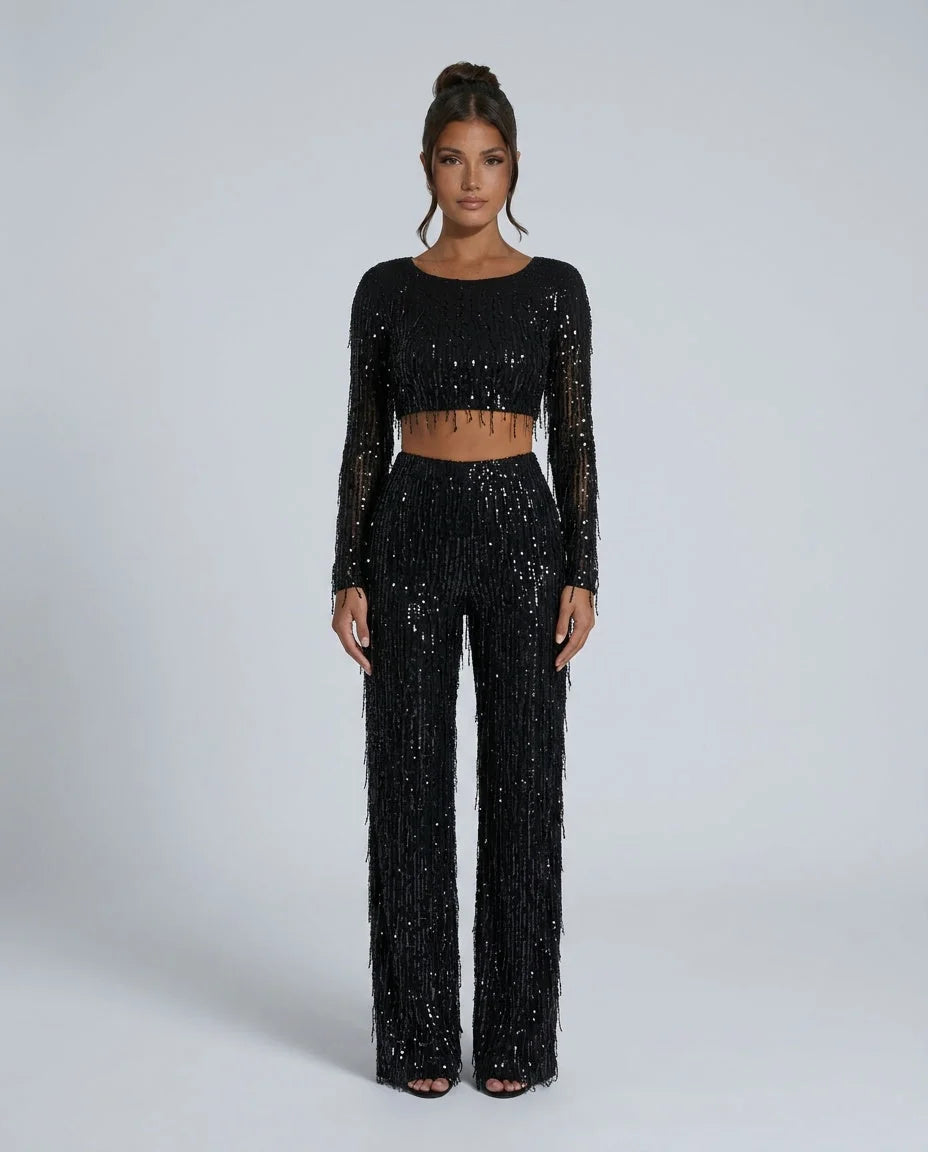 Sequin Pant Set Crop Top — Black