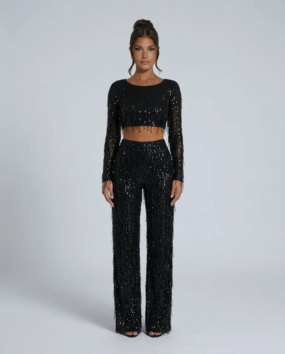 Sequin Pant Set Crop Top — Black