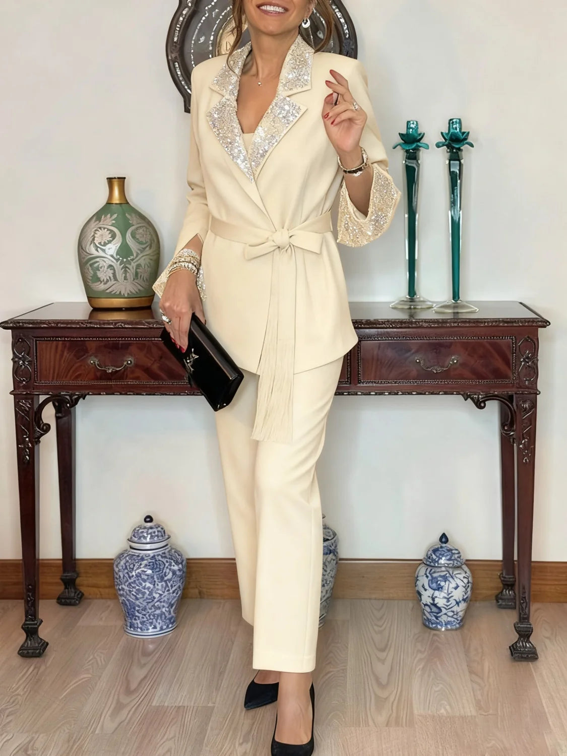 Sequin Pant Set Tie Waist — Apricot