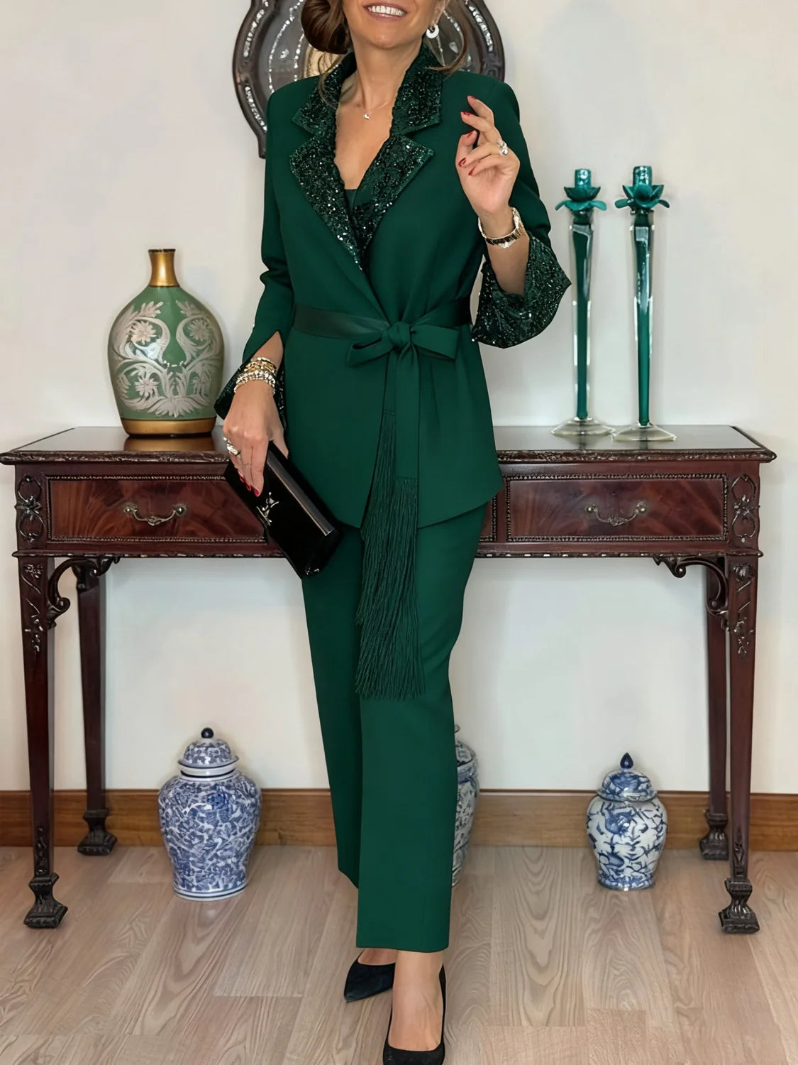 Sequin Pant Set Tie Waist — Green