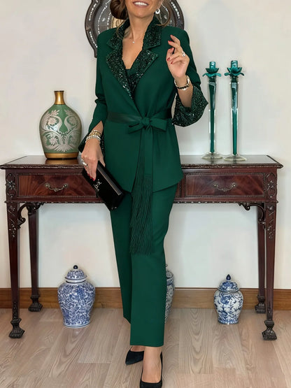 Sequin Pant Set Tie Waist — Green