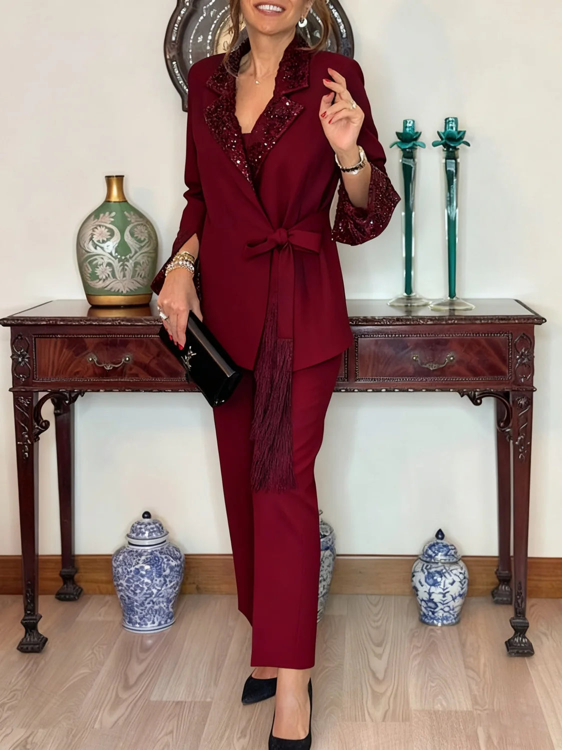 Sequin Pant Set Tie Waist — Red