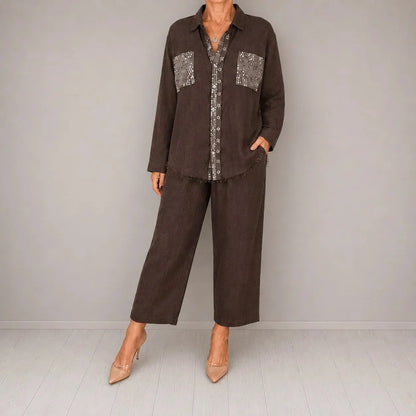 Sequin Pant Set Shirt Detail — Dark Brown
