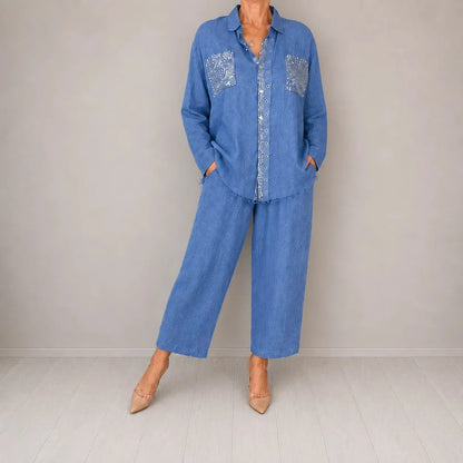 Sequin Pant Set Shirt Detail — Denim Blue