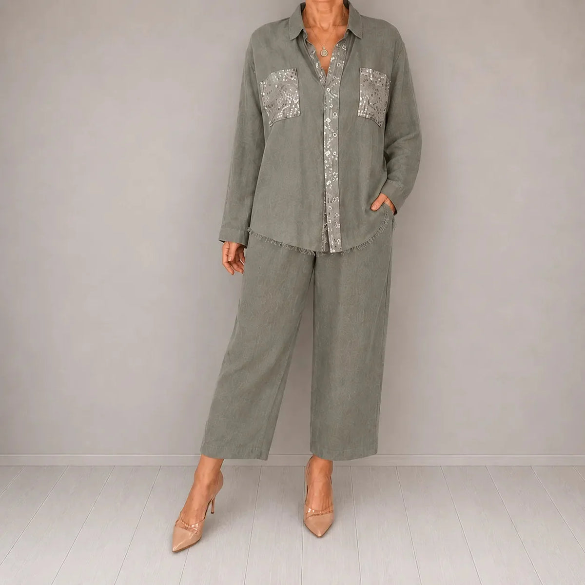 Sequin Pant Set Shirt Detail — Grey