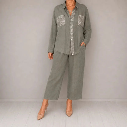 Sequin Pant Set Shirt Detail — Grey