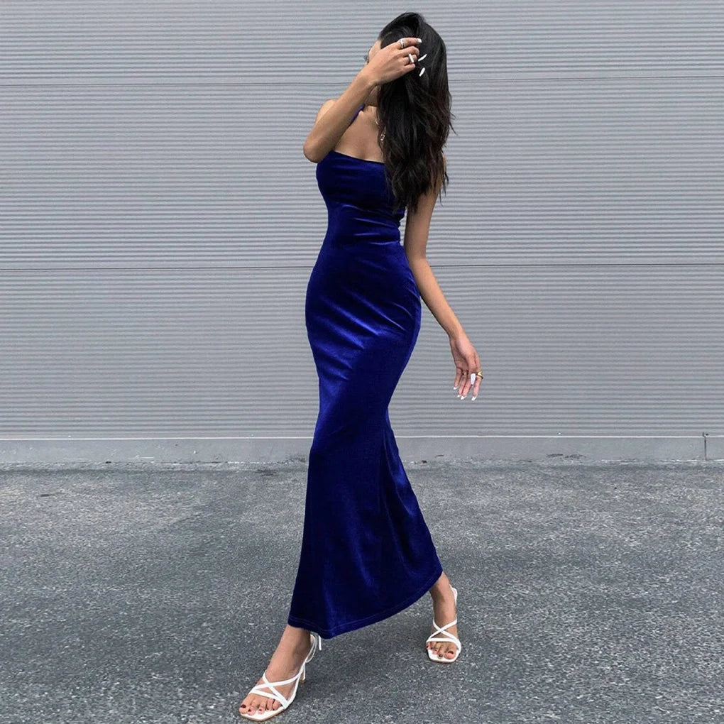 Velvet Maxi Dress Royal Blue Lace-Up Back — Royal Blue — view 1
