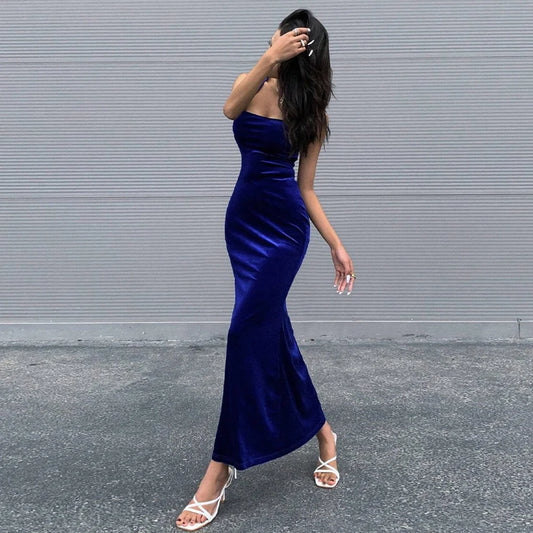 Velvet Maxi Dress Royal Blue Lace-Up Back — Royal Blue — view 1