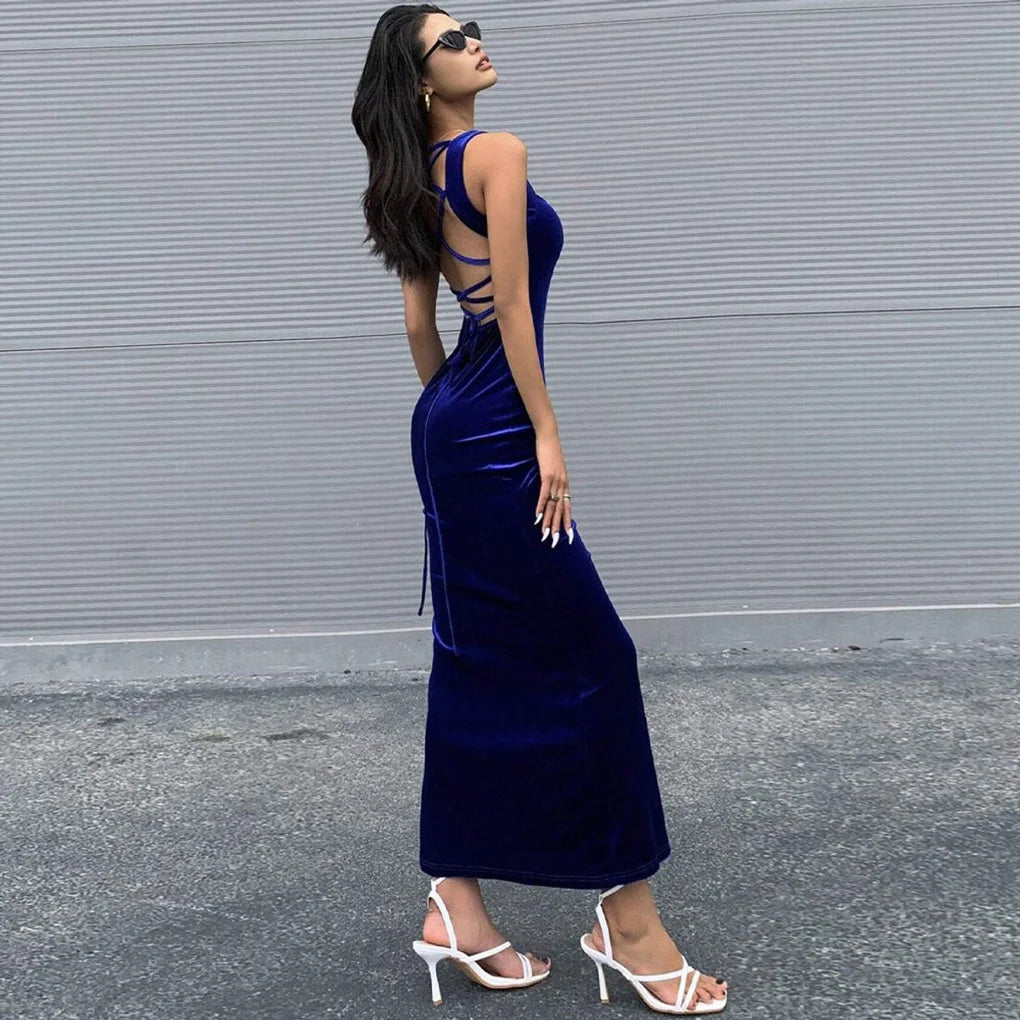 Velvet Maxi Dress Royal Blue Lace-Up Back — Royal Blue — view 4