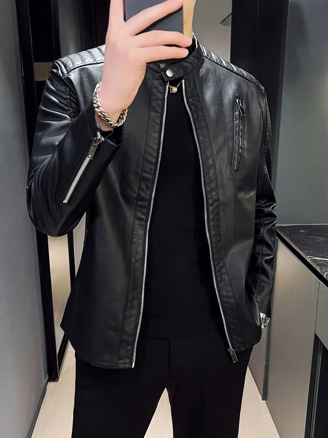Men’s Biker Jacket Black Stitched Shoulders — Black — view 1