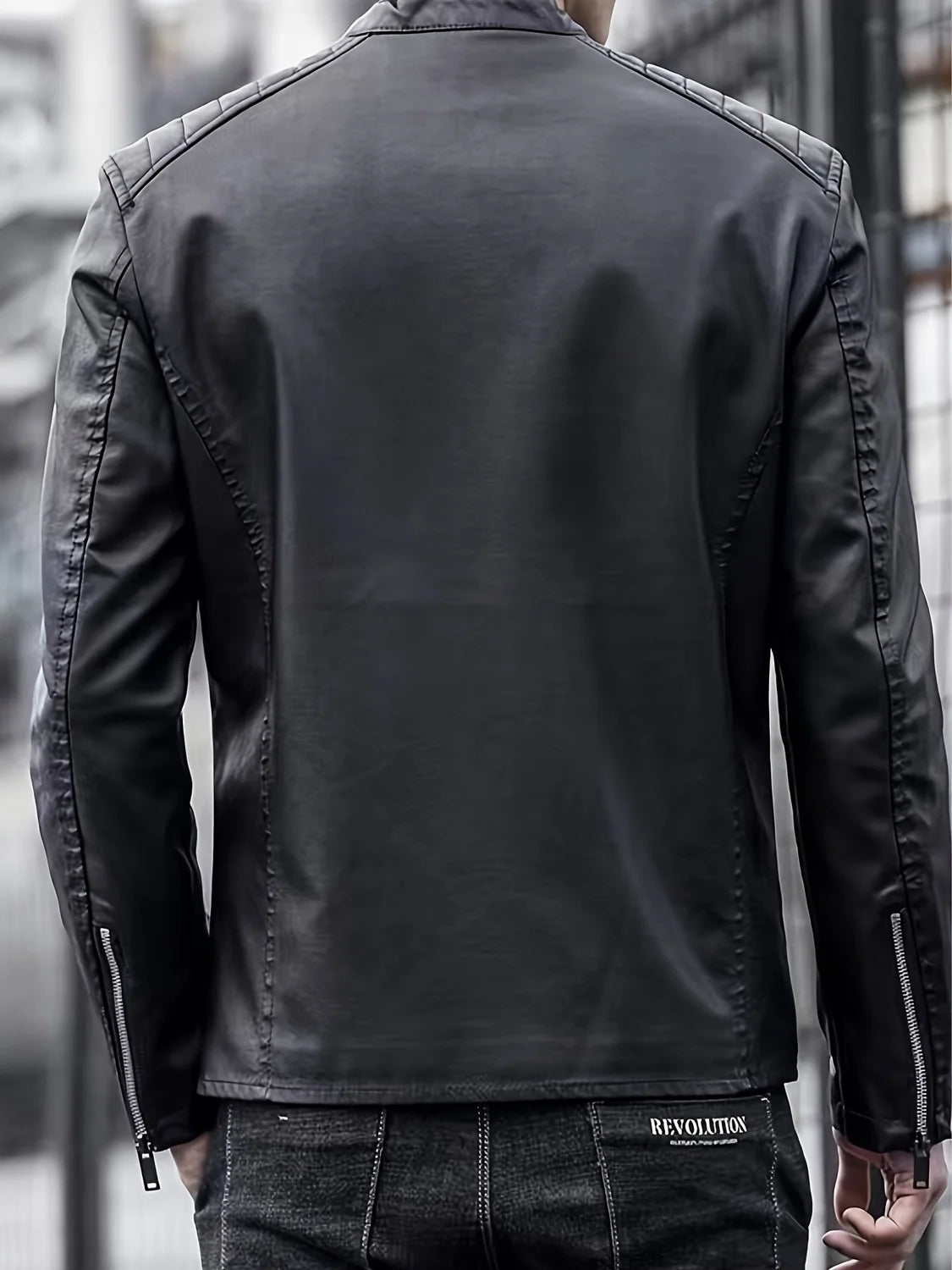 Men’s Biker Jacket Black Stitched Shoulders — Black — view 2
