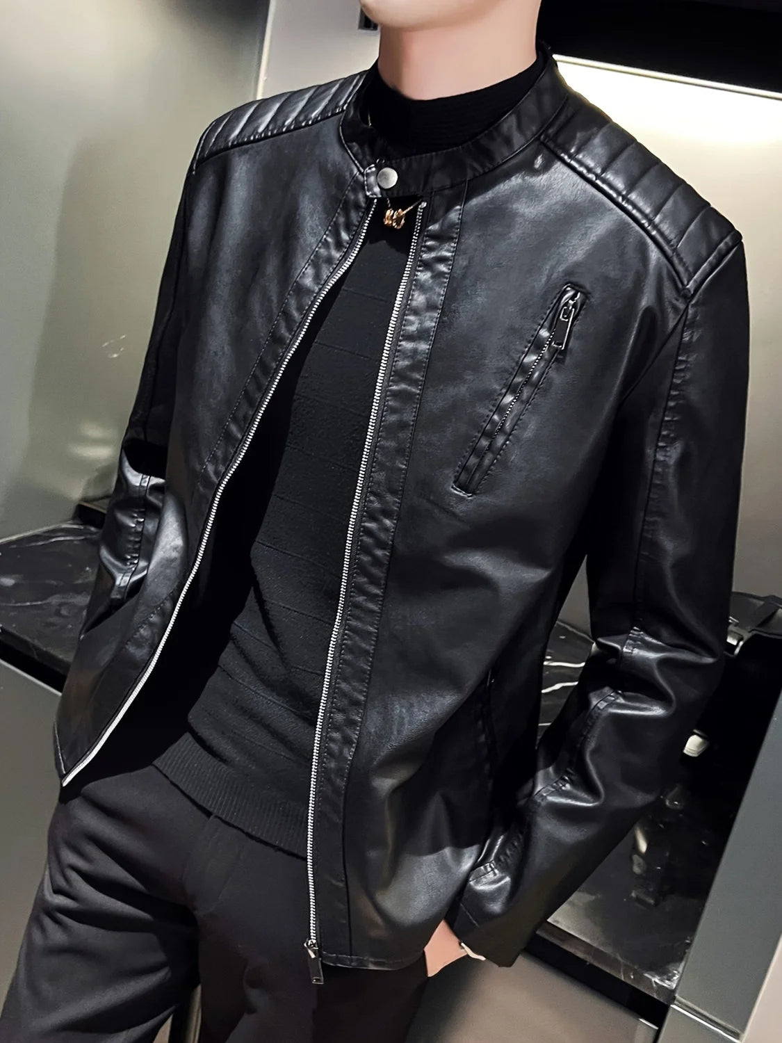 Men’s Biker Jacket Black Stitched Shoulders — Black — view 3