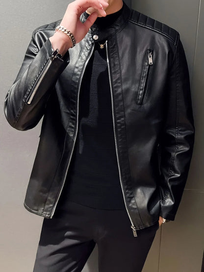 Men’s Biker Jacket Black Stitched Shoulders — Black — view 4