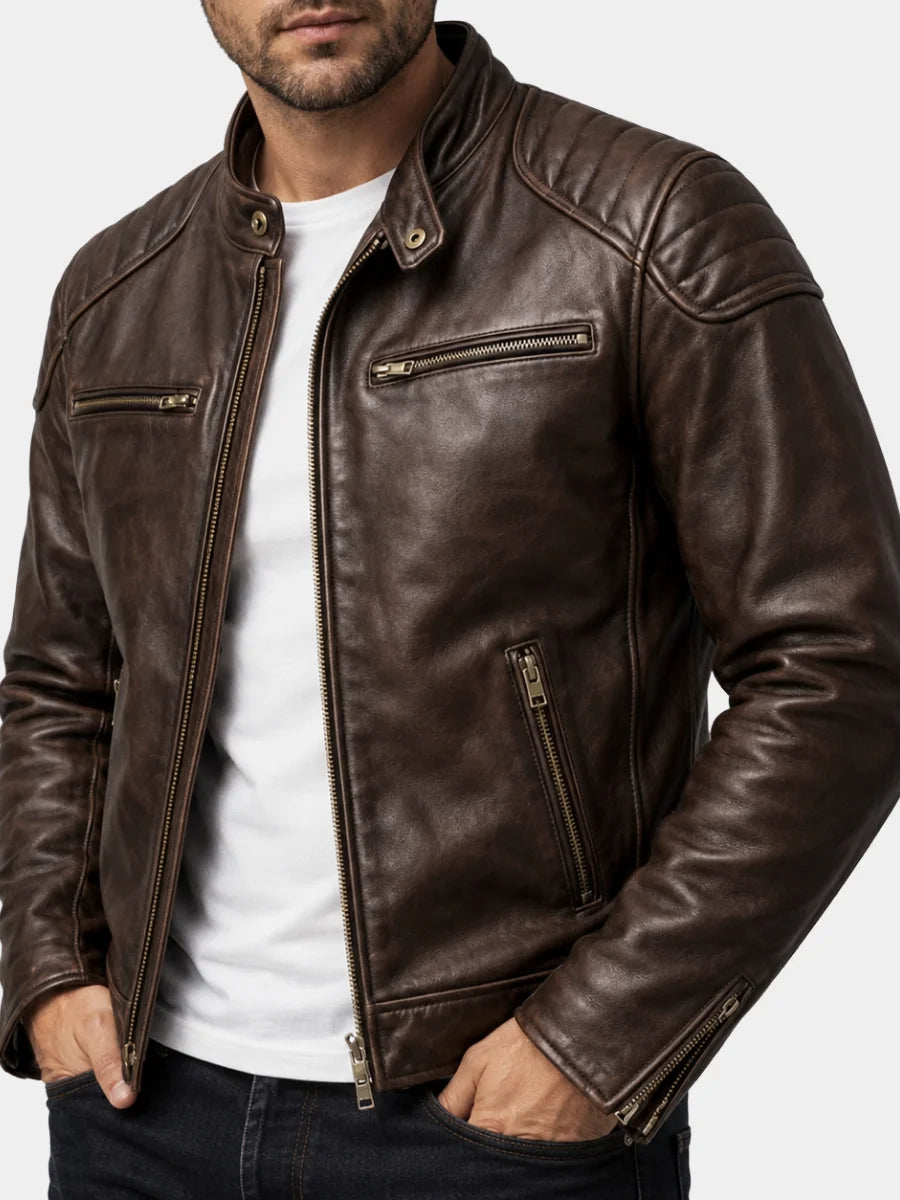 Men’s Biker Jacket Brown Quilted Panels — Brown — view 1