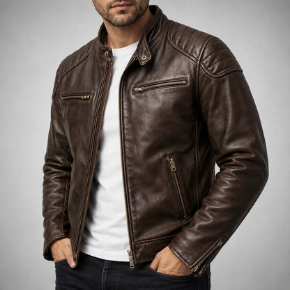 Men’s Biker Jacket Brown Quilted Panels — Brown — view 2