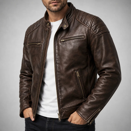 Men’s Biker Jacket Brown Quilted Panels — Brown — view 2