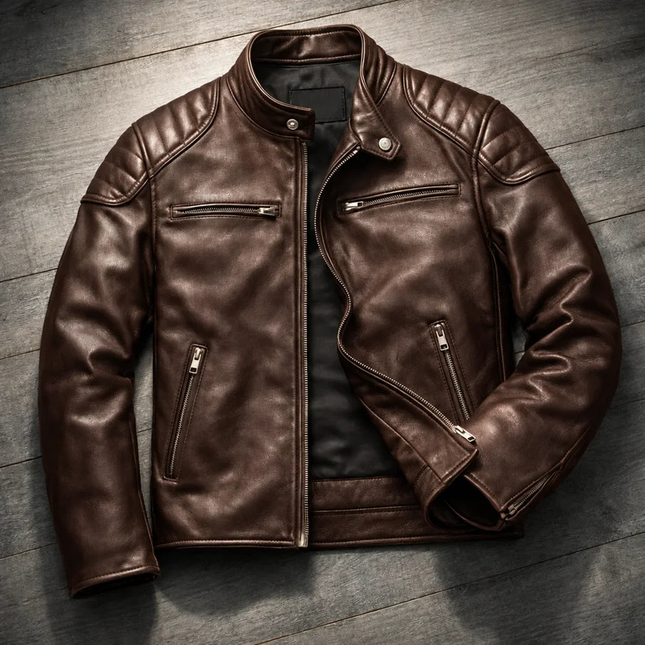Men’s Biker Jacket Brown Quilted Panels — Brown — view 3