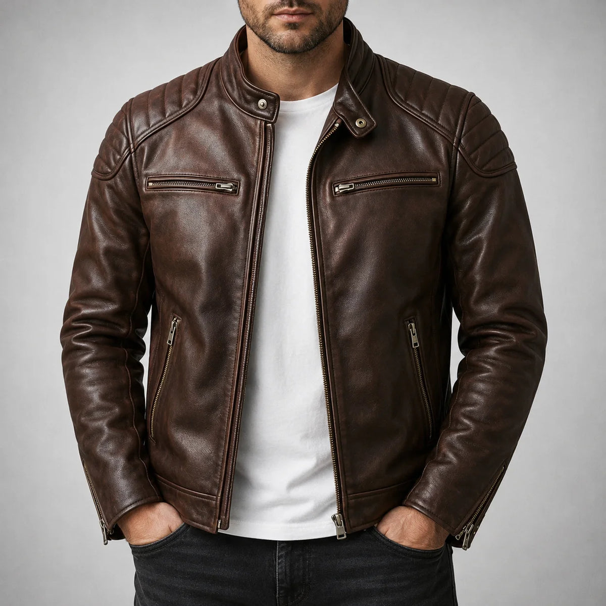 Men’s Biker Jacket Brown Quilted Panels — Brown — view 4