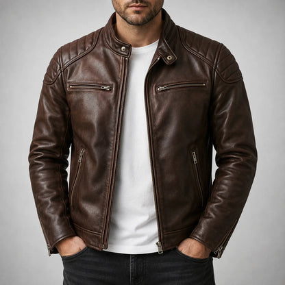 Men’s Biker Jacket Brown Quilted Panels — Brown — view 4