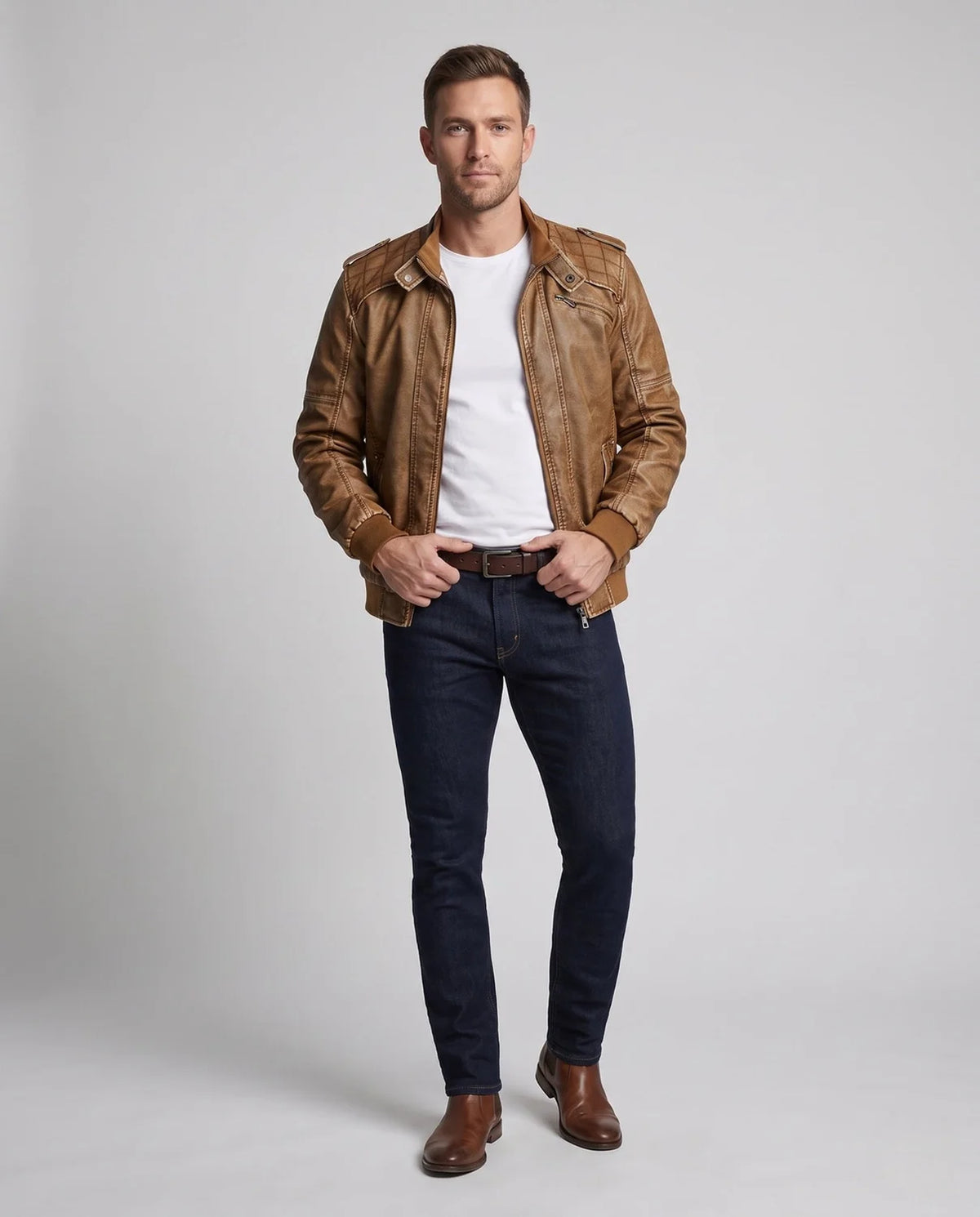 Men’s Biker Jacket Coffee Brown Seams — Coffee Brown — view 1