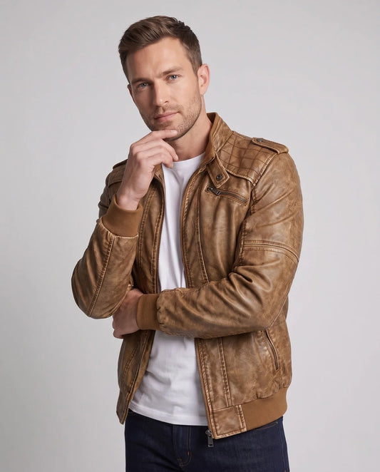 Men’s Biker Jacket Coffee Brown Seams — Coffee Brown — view 2
