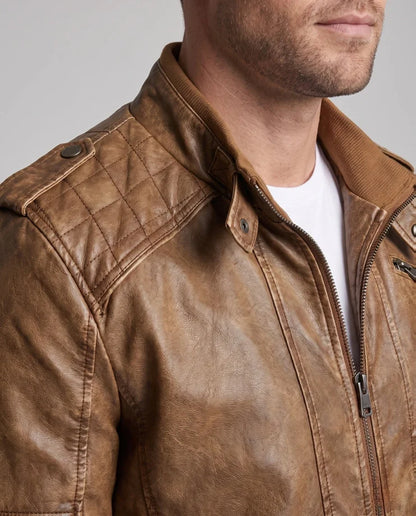 Men’s Biker Jacket Coffee Brown Seams — Coffee Brown — view 3