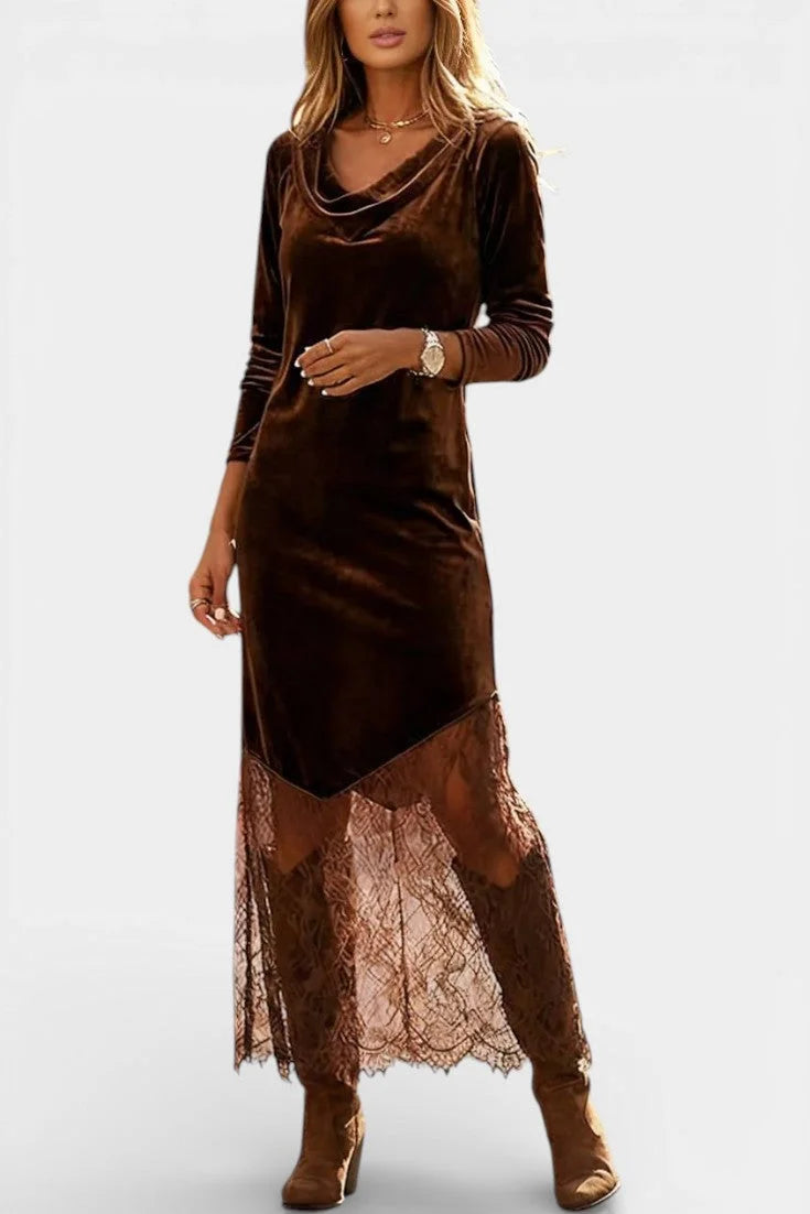 Velvet Maxi Dress Coffee Cowl Neck — Coffee — view 1