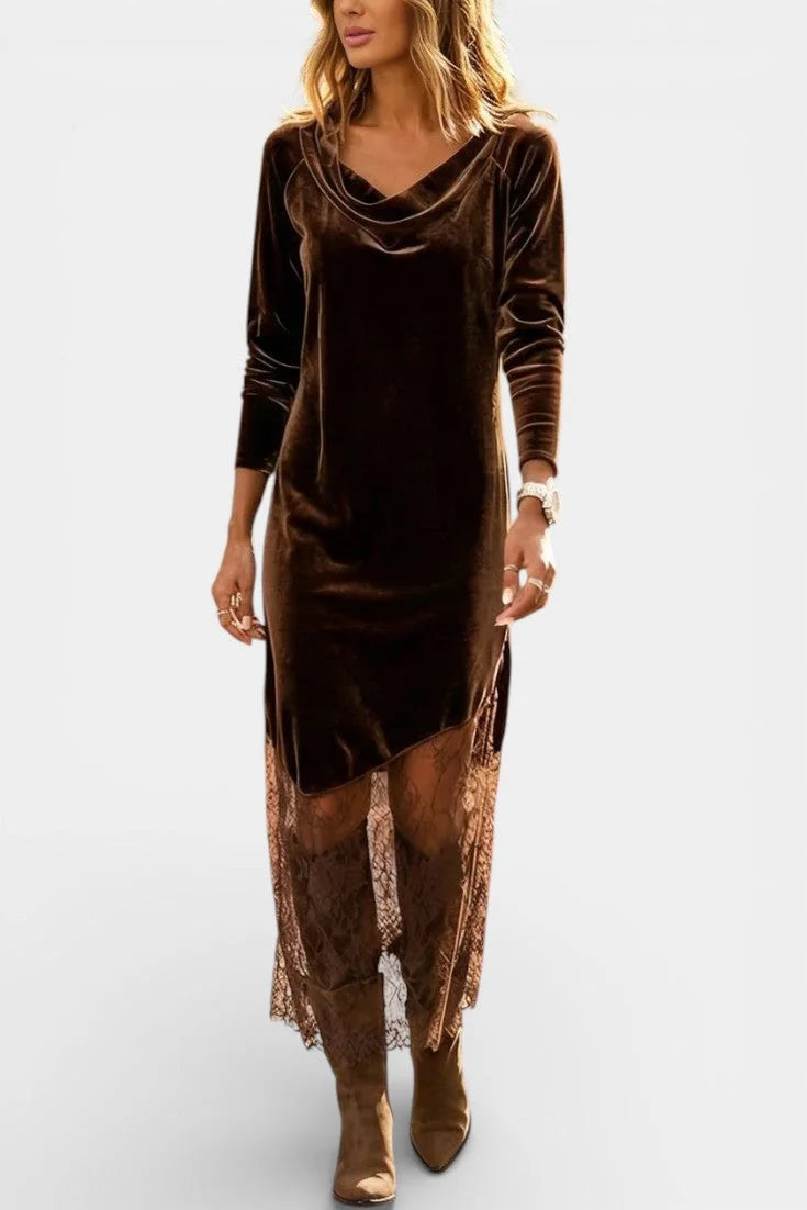 Velvet Maxi Dress Coffee Cowl Neck — Coffee — view 2