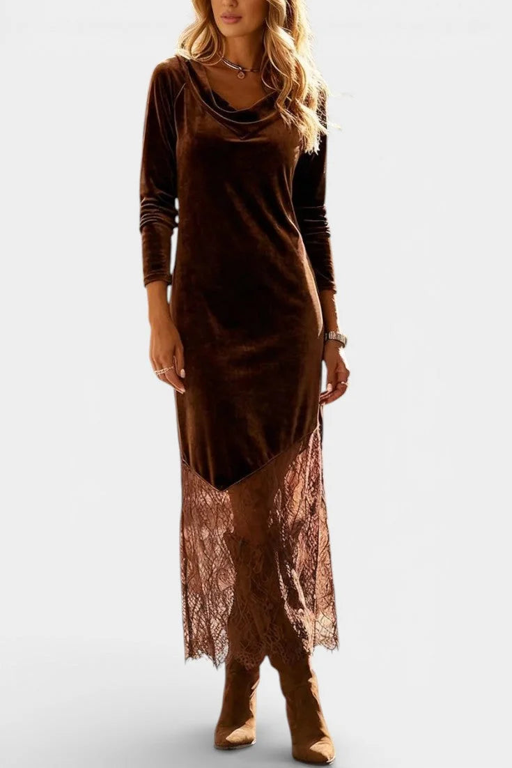 Velvet Maxi Dress Coffee Cowl Neck — Coffee — view 3