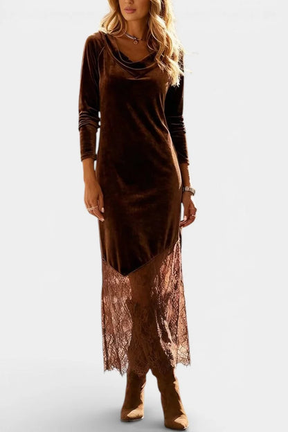 Velvet Maxi Dress Coffee Cowl Neck — Coffee — view 3