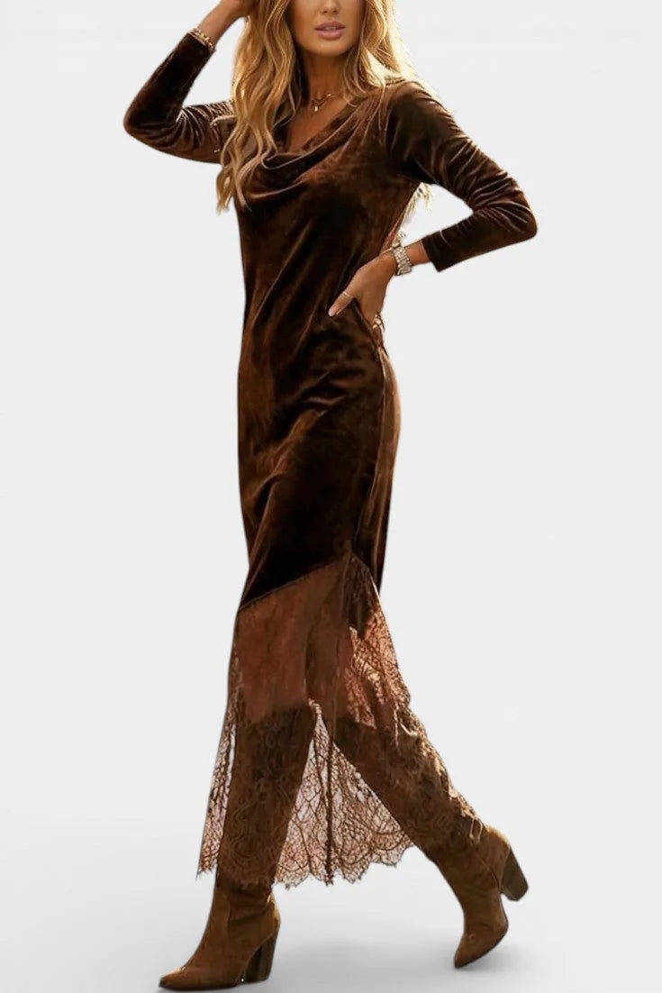 Velvet Maxi Dress Coffee Cowl Neck — Coffee — view 4