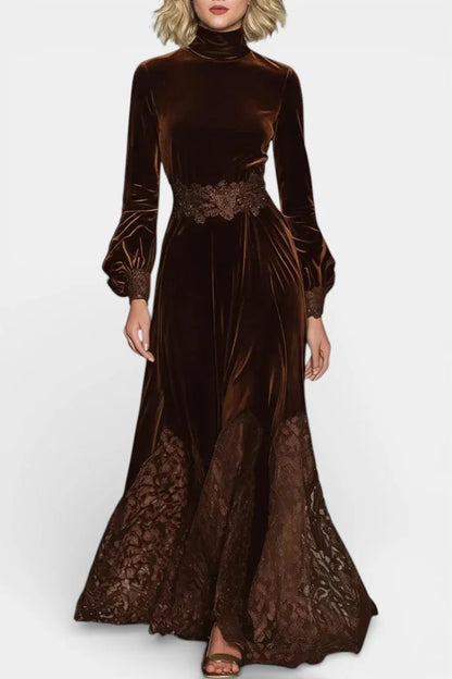 Velvet Maxi Dress Brown Lace Panels — Brown — view 1
